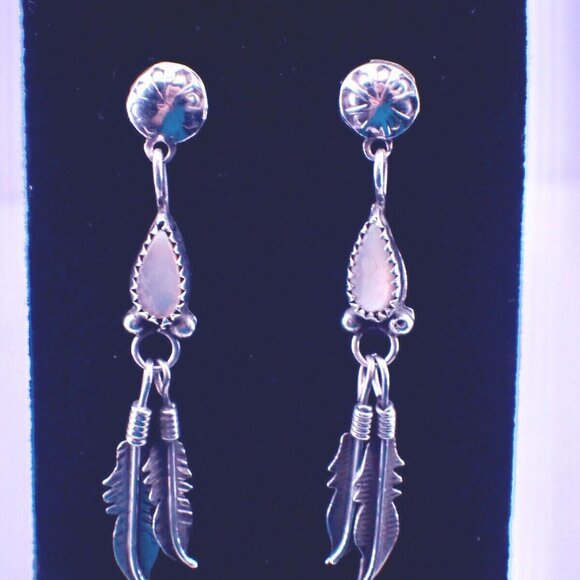 Sterling Feather Drop Earrings Possibly Southwestern signed - Picture 1 of 2